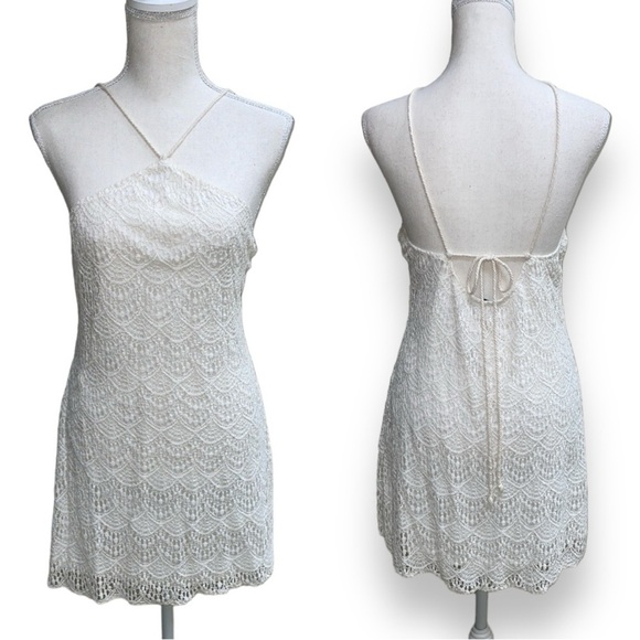 West 36th White Cotton Lace Halter Mini Dress Crisscross Tie Back Size Medium - Picture 7 of 7